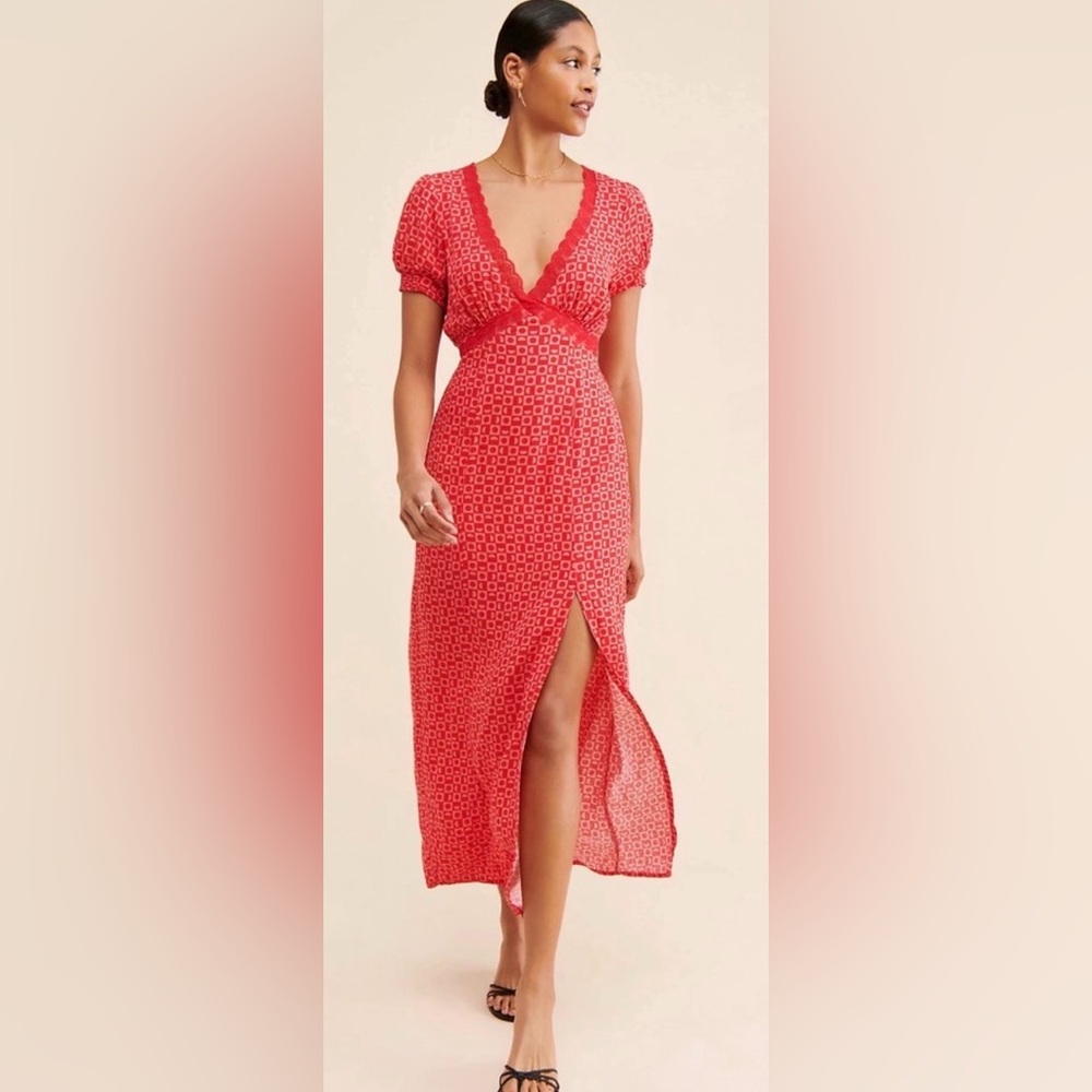 Free People Marley Maxi Dress Red Lace Trim Boho V Neck Short Sleeve M